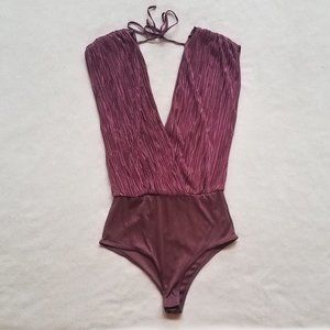 Pleated Plum Burgundy Deep V Bodysuit